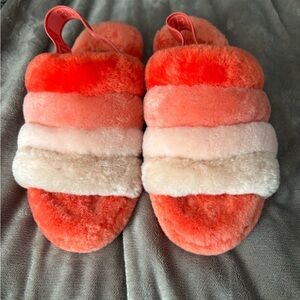UGG Fluffy Orangish Red and Pink Slippers Brand New